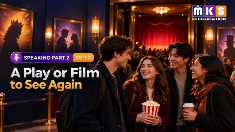 Speaking Part 2: A Play or Film to See Again — friends discussing a show in a theatre foyer.