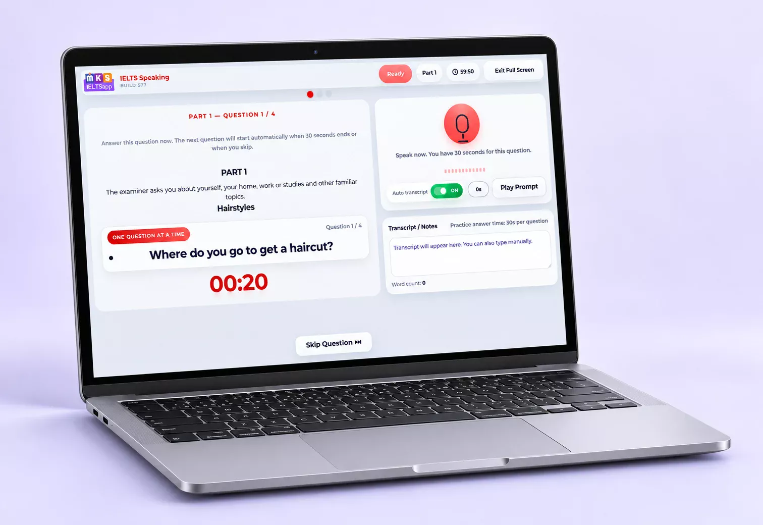 Laptop mockup of the MKS IELTS Speaking 21.1 test showing a Part 1 question and recording controls