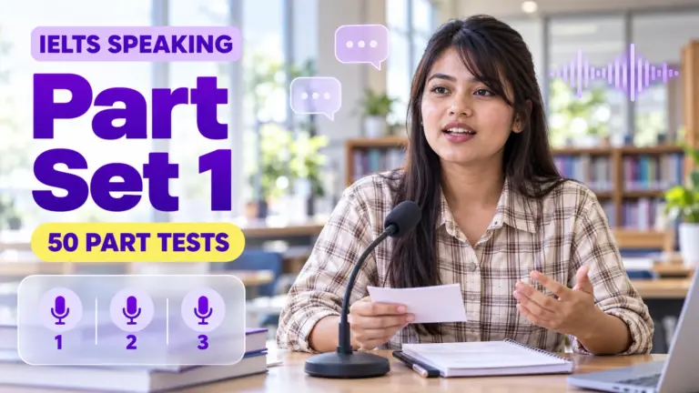 Speaking Part Set 1 — 50 IELTS speaking practice tests; an illustrative student in an academic library.