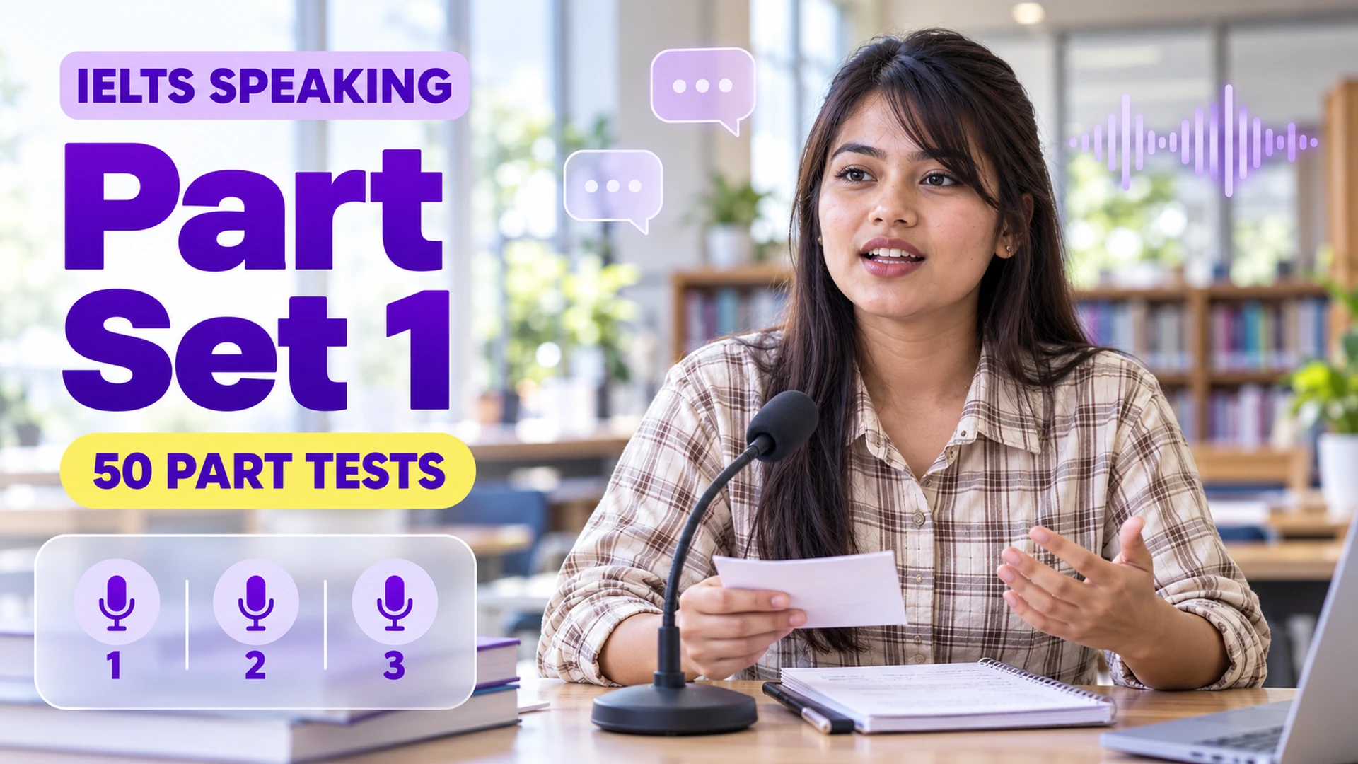 Speaking Part Set 1 — 50 IELTS speaking practice tests; an illustrative student in an academic library.