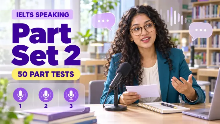 Speaking Part Set 2 — 50 IELTS speaking practice tests; an illustrative student in an academic library.