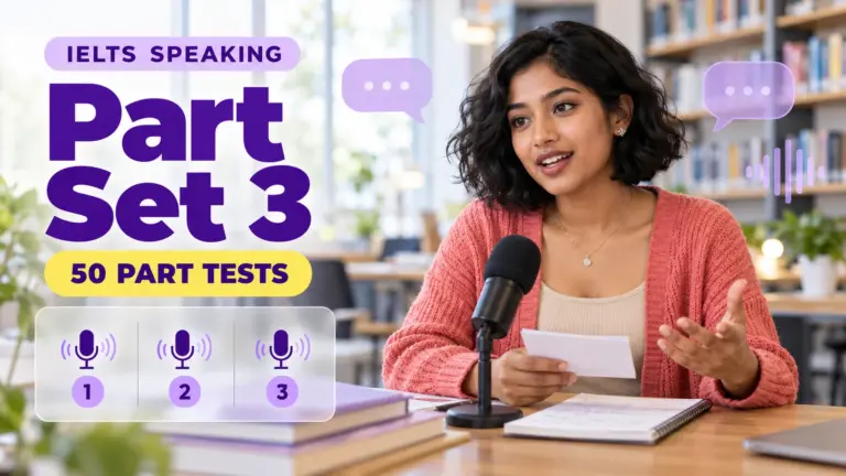 Speaking Part Set 3 — 50 IELTS speaking practice tests; an illustrative student in an academic library.