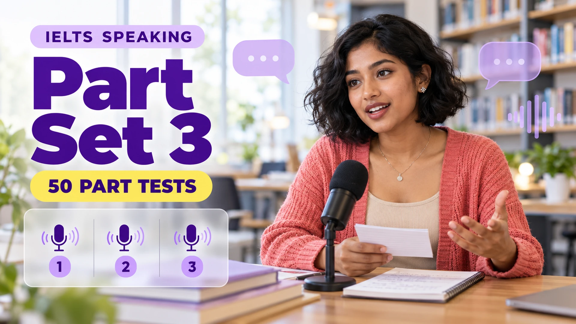 Speaking Part Set 3 — 50 IELTS speaking practice tests; an illustrative student in an academic library.