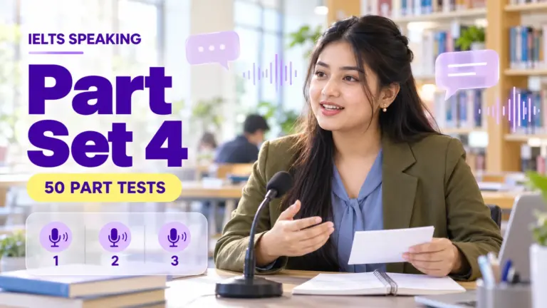 Speaking Part Set 4 — 50 IELTS speaking practice tests; an illustrative student in an academic library.