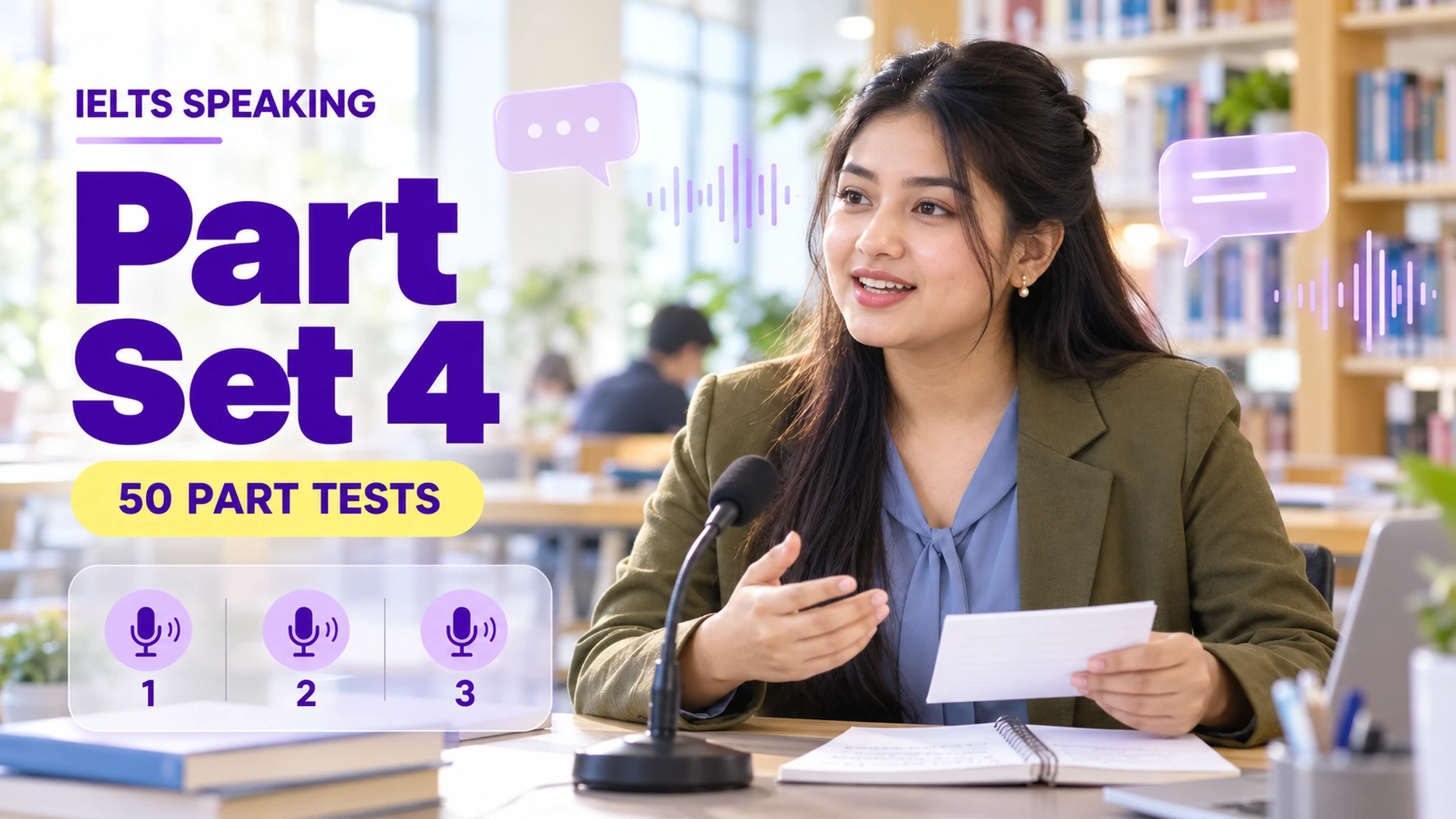 Speaking Part Set 4 — 50 IELTS speaking practice tests; an illustrative student in an academic library.