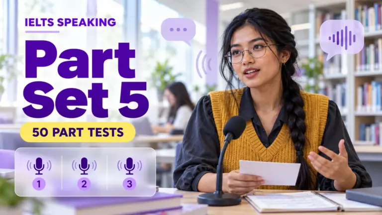 Speaking Part Set 5 — 50 IELTS speaking practice tests; an illustrative student in an academic library.