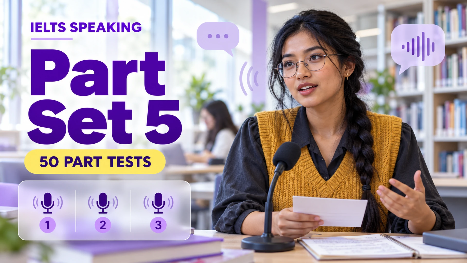 Speaking Part Set 5 — 50 IELTS speaking practice tests; an illustrative student in an academic library.