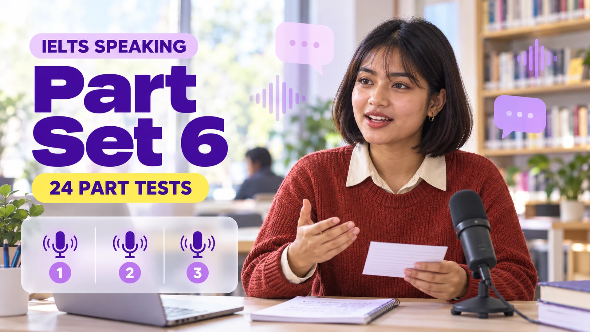 Speaking Part Set 6 — 24 IELTS speaking practice tests; an illustrative student in an academic library.