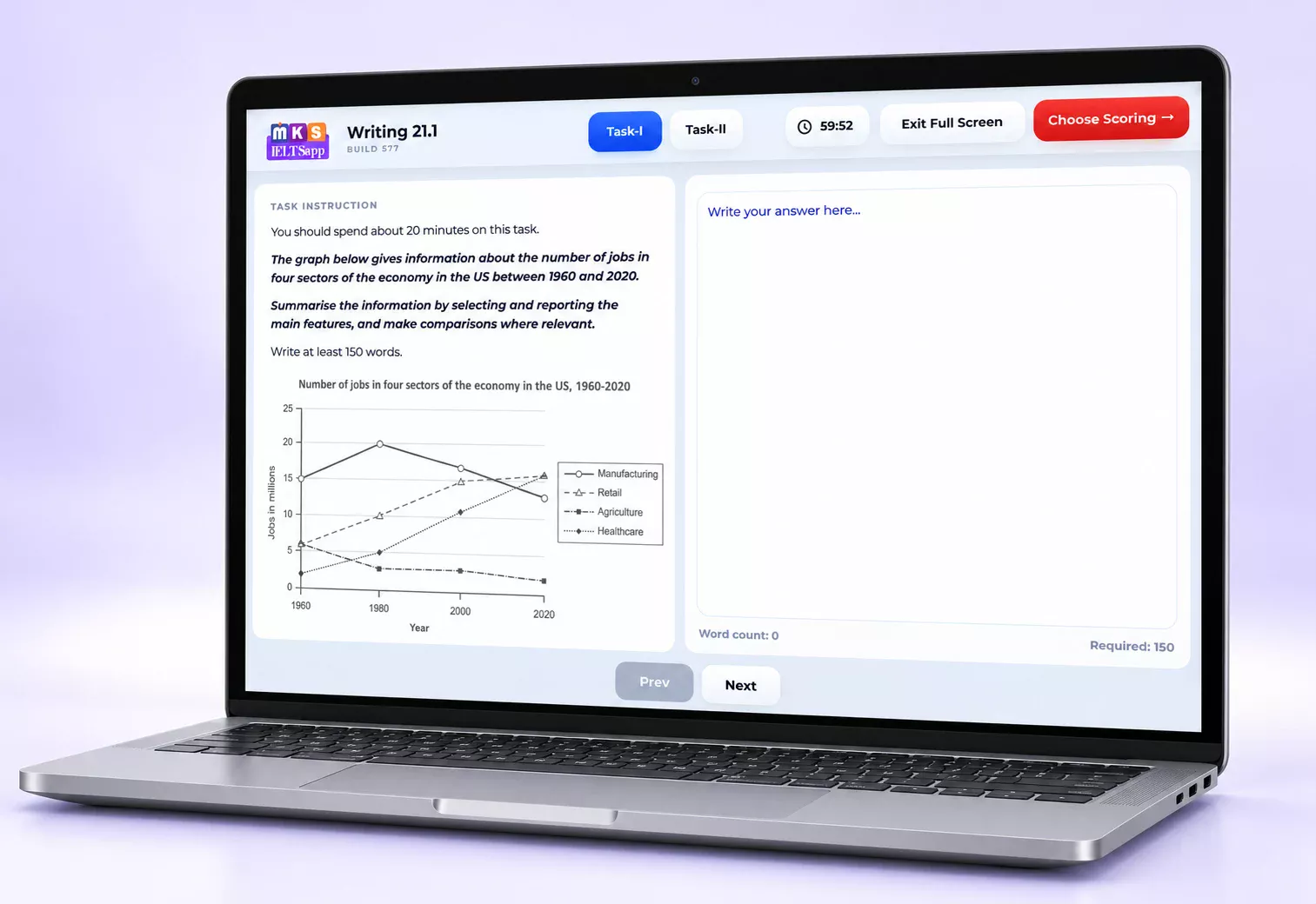 Laptop mockup of the MKS IELTS Writing 21.1 test showing a Task 1 chart and answer workspace