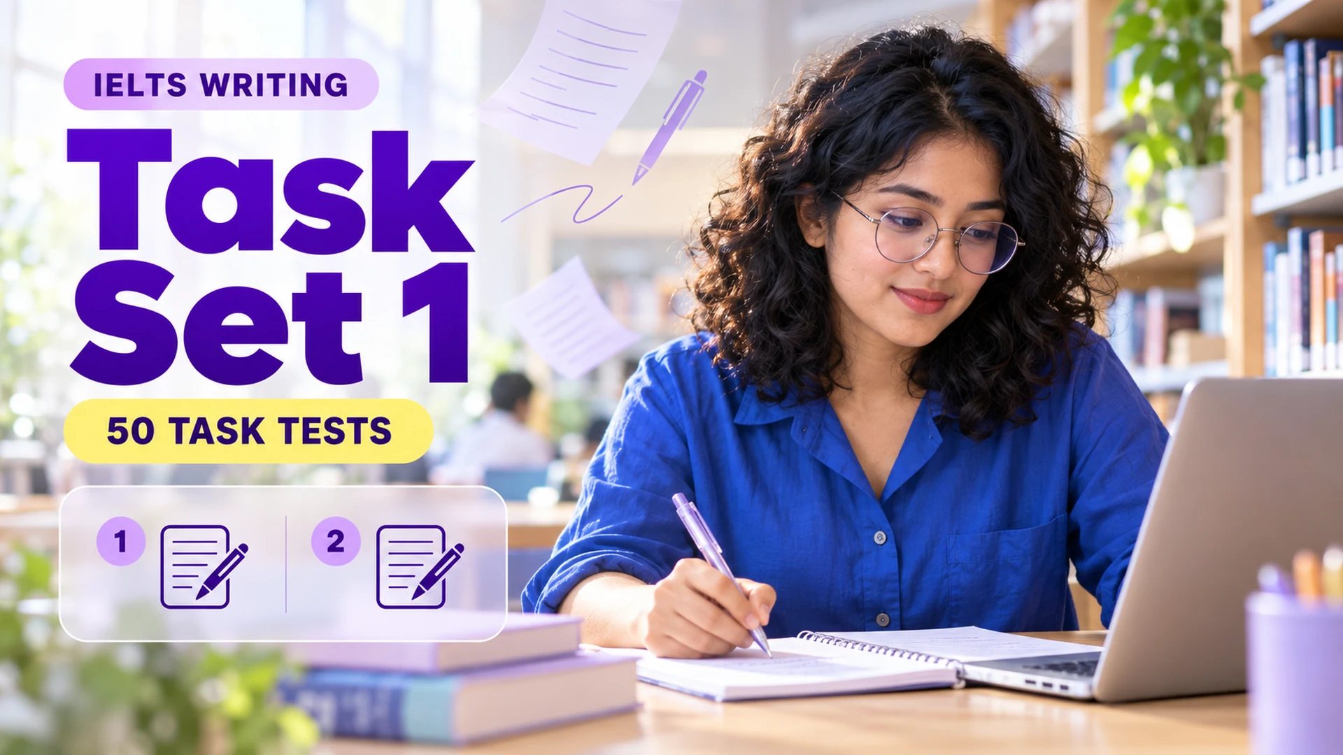 Writing Task Set 1 — 50 IELTS writing practice tests; an illustrative student in an academic library.