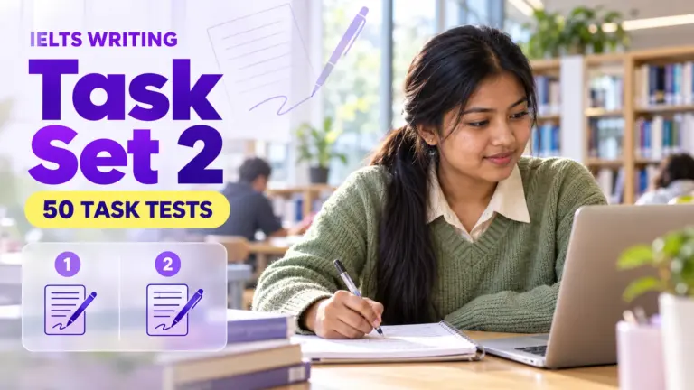 Writing Task Set 2 — 50 IELTS writing practice tests; an illustrative student in an academic library.