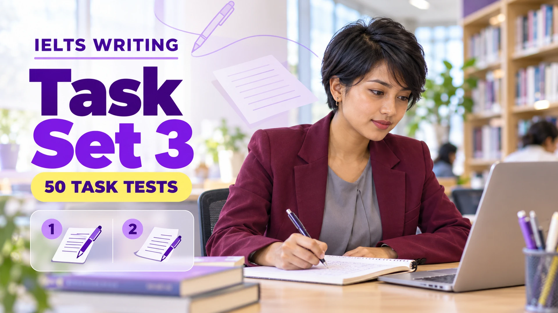 Writing Task Set 3 — 50 IELTS writing practice tests; an illustrative student in an academic library.