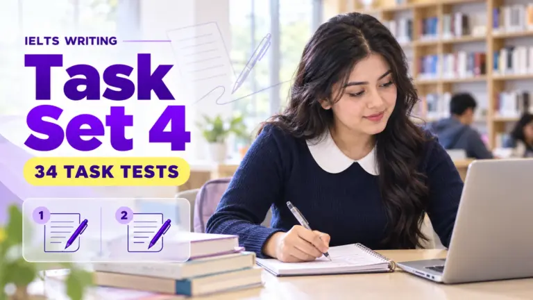 Writing Task Set 4 — 34 IELTS writing practice tests; an illustrative student in an academic library.