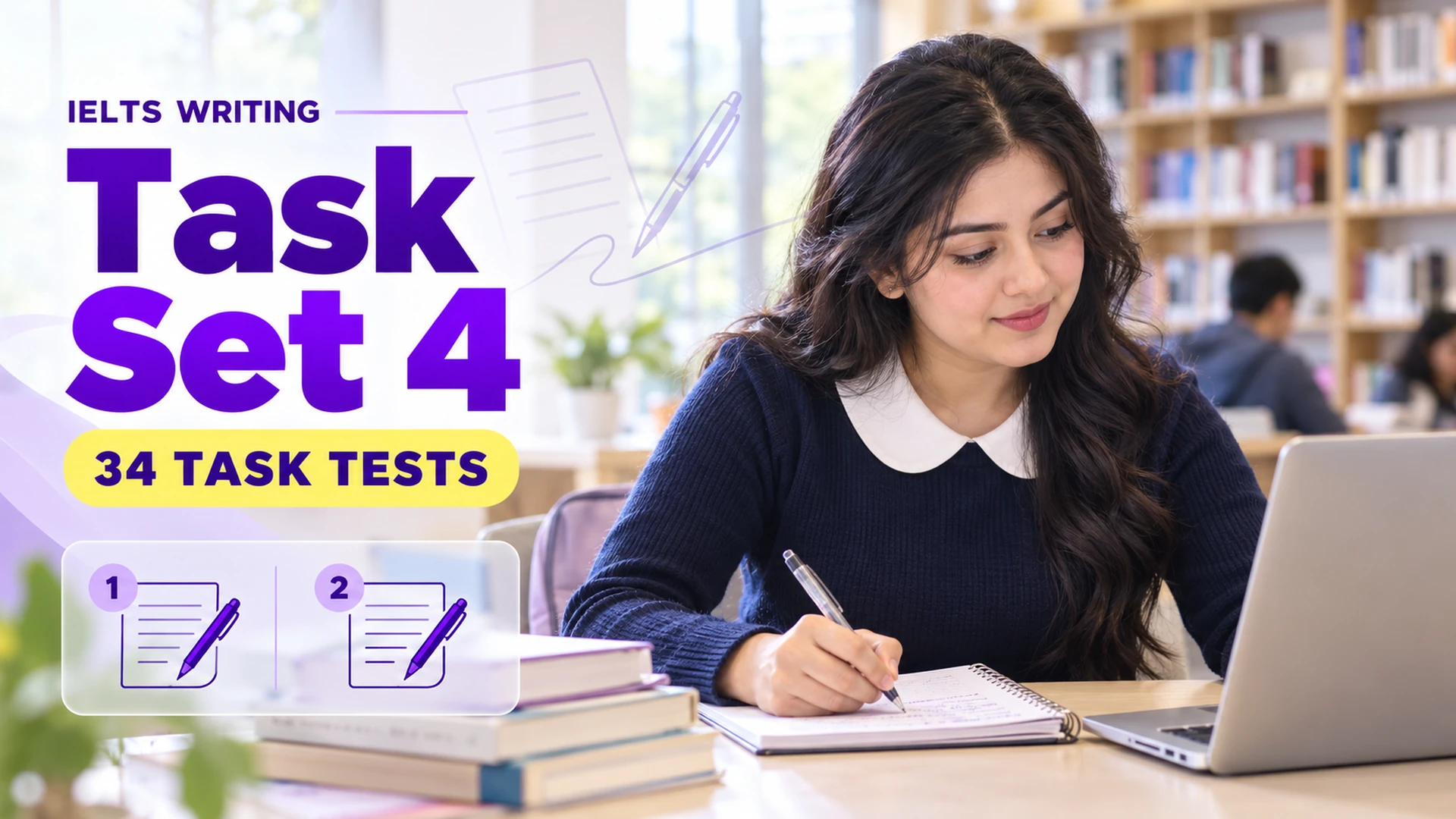 Writing Task Set 4 — 34 IELTS writing practice tests; an illustrative student in an academic library.